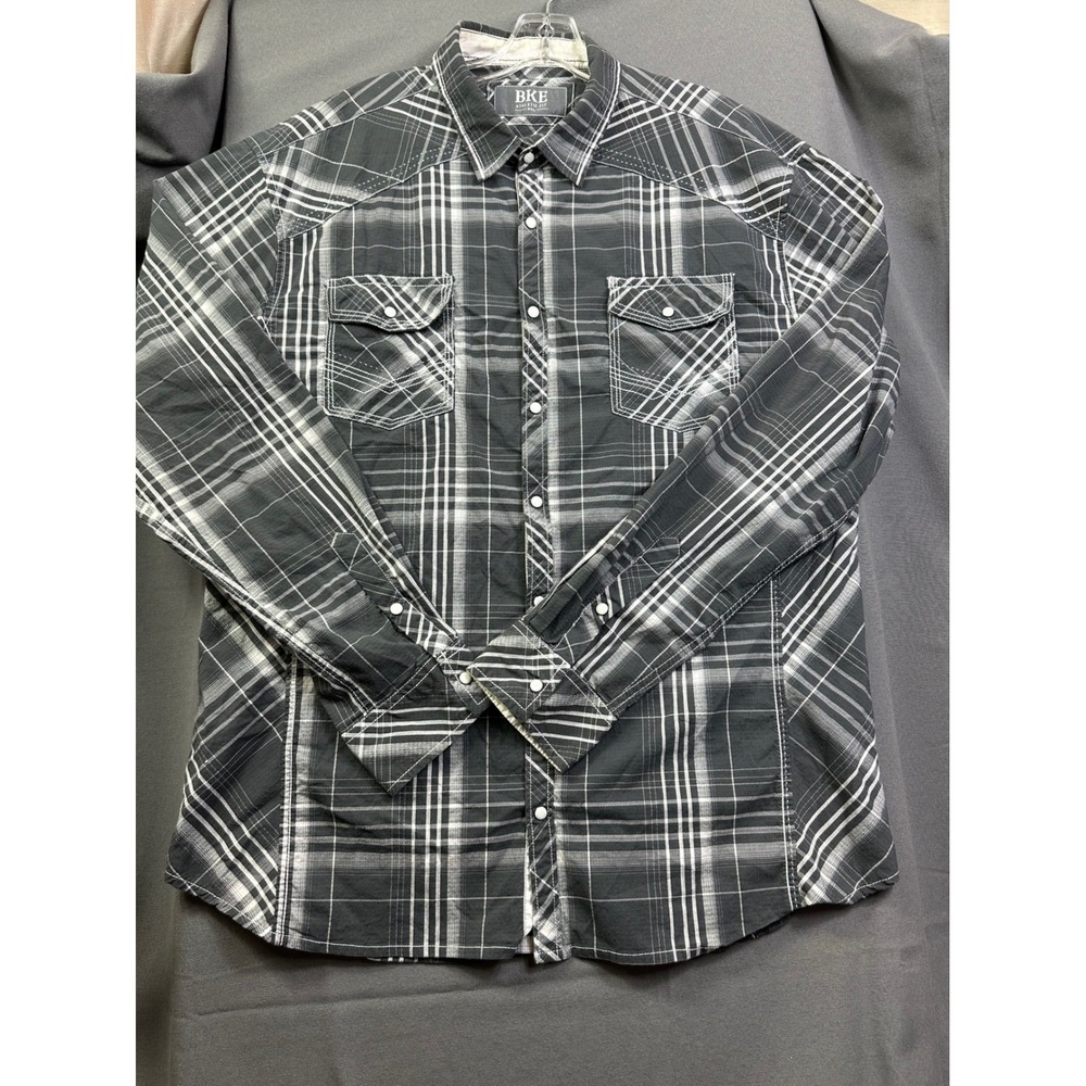BKE Athletic Fit Mens Western Pearl Snap Shirt Black Gray Plaid Long Sleeve XXL